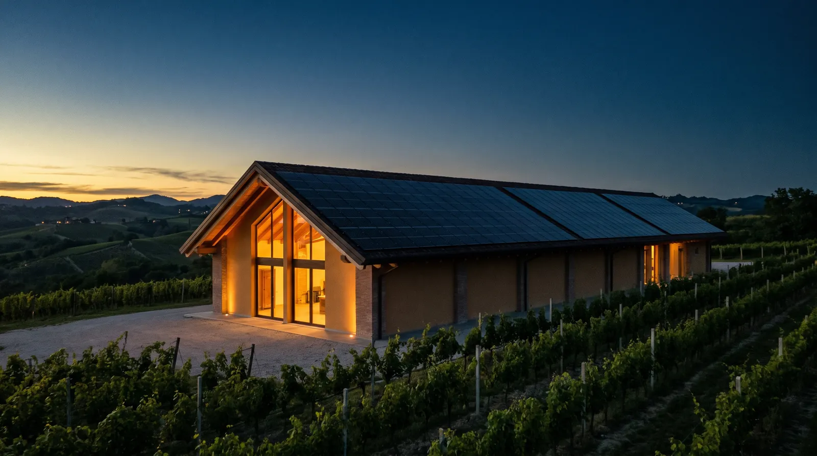 Cantina moderna con il tetto coperto di pannelli neri tra i vigneti al tramonto