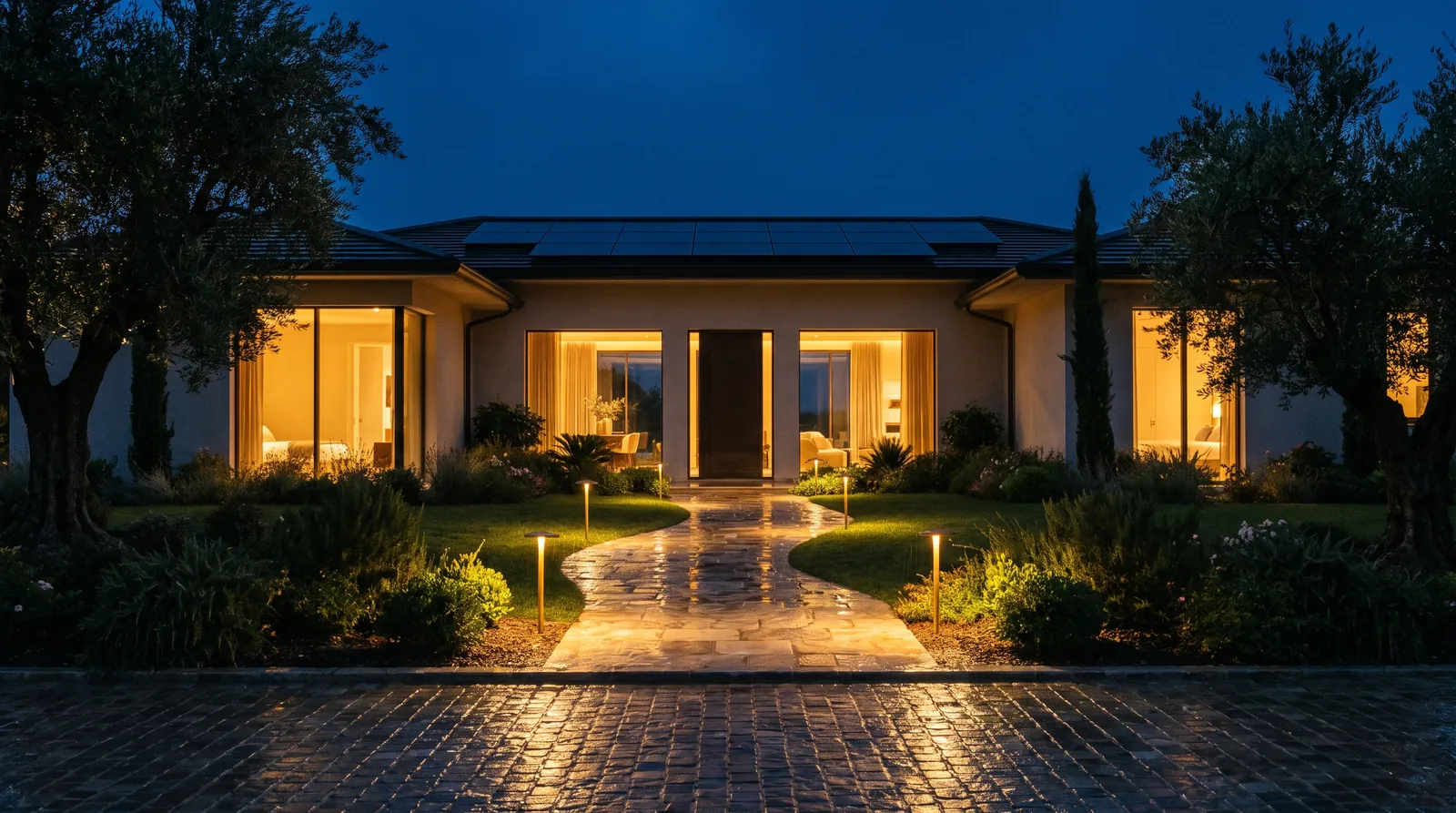 Ingresso di una villa moderna di notte, luci calde sul vialetto e pannelli sul tetto
