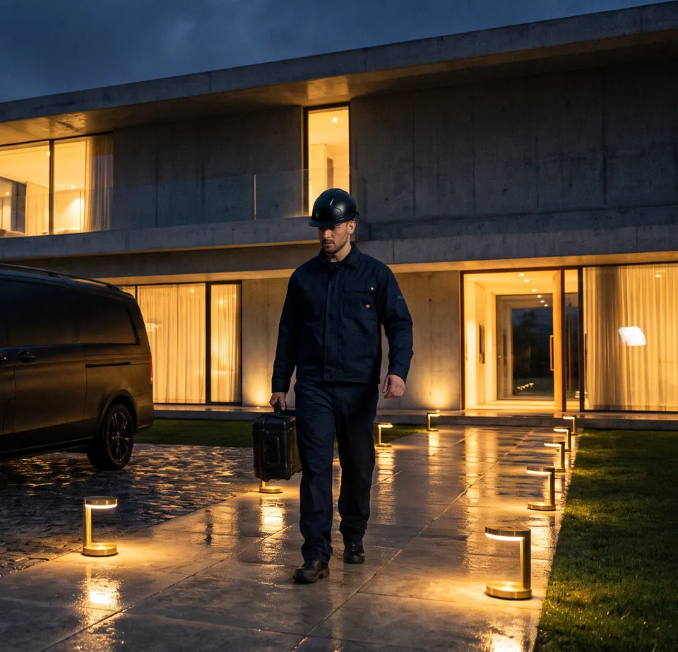 Un tecnico Solivo arriva di notte davanti a una villa moderna illuminata